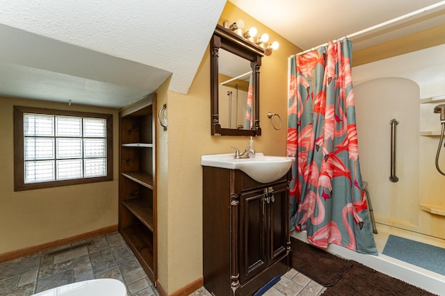 520 State St, West Concord, MN 55985 - full bathroom with vanity, a shower with curtain, and baseboards