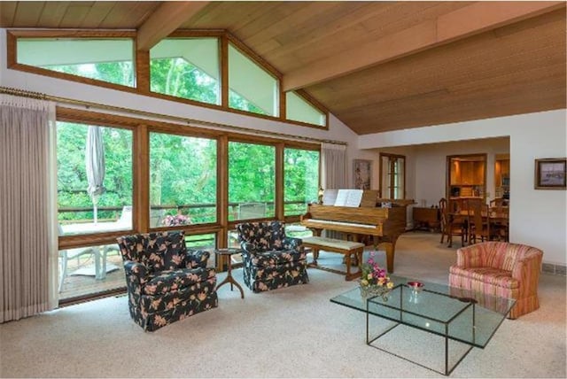 5157 Abercrombie Dr, Edina, MN 55439 - carpeted living room featuring high vaulted ceiling and wood ceiling with exposed beams
