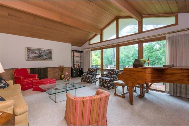 5157 Abercrombie Dr, Edina, MN 55439 - carpeted living room with wooden ceiling with exposed beams and high vaulted ceiling