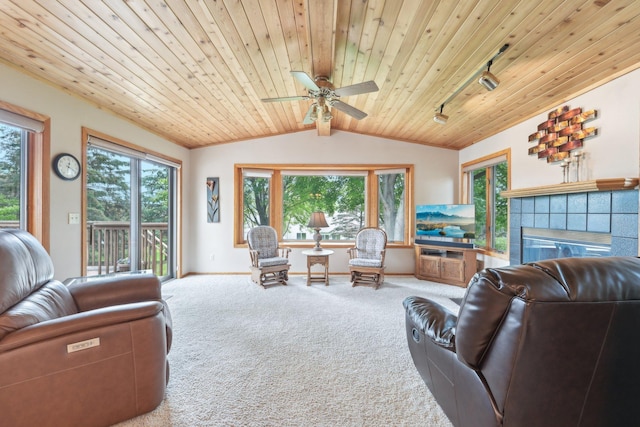 1852 13th Ave W, Shakopee, MN 55379 - living area with lofted ceiling, carpet flooring, a fireplace, wooden ceiling, and baseboards