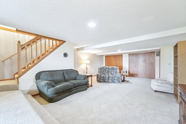 1852 13th Ave W, Shakopee, MN 55379 - living room featuring carpet, stairway, recessed lighting, and baseboards