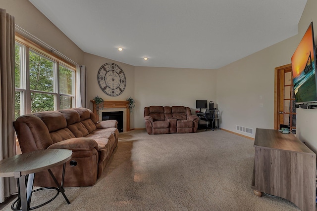 25845 12th St W, Zimmerman, MN 55398 - living area with light carpet, a fireplace, baseboards, and recessed lighting