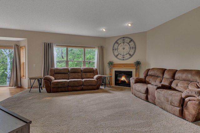 25845 12th St W, Zimmerman, MN 55398 - living room featuring plenty of natural light, a glass covered fireplace, recessed lighting, and a textured ceiling