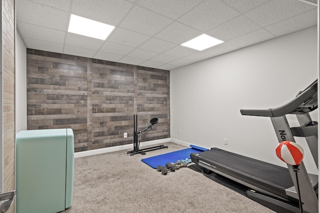 5641 146th Ave NW, Ramsey, MN 55303 - workout room with wood walls, carpet, baseboards, a paneled ceiling, and an accent wall