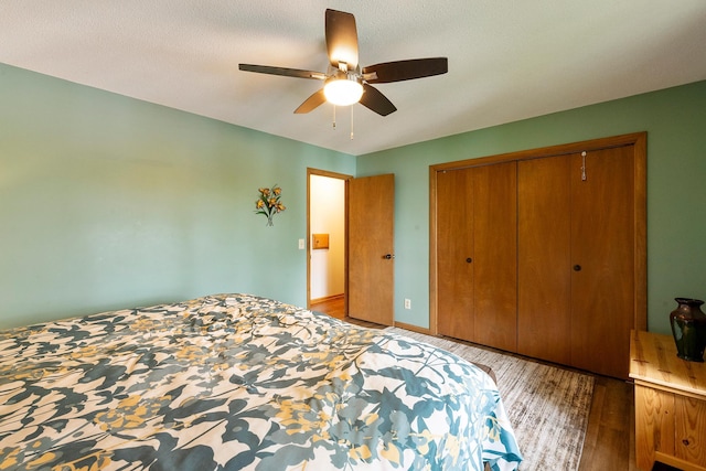 13100 Island View Dr NW, Elk River, MN 55330 - bedroom featuring wood finished floors, a closet, a ceiling fan, and baseboards