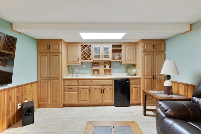 13100 Island View Dr NW, Elk River, MN 55330 - kitchen featuring a wainscoted wall, light countertops, fridge, open shelves, and wood walls