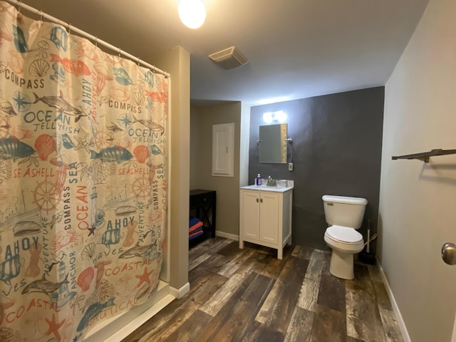 3771 County Line Rd, Moose Lake Twp, MN 55783 - bathroom featuring vanity, wood finished floors, toilet, and a shower with curtain
