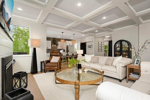 6100 151st St, Savage, MN 55378 - living room with coffered ceiling, light wood-style flooring, beamed ceiling, recessed lighting, and baseboards