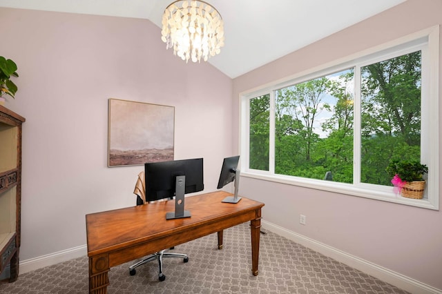 6100 151st St, Savage, MN 55378 - carpeted home office with vaulted ceiling, baseboards, and a chandelier