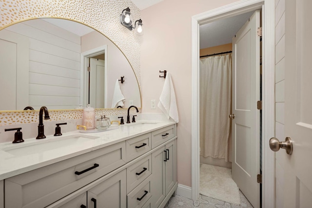 6100 151st St, Savage, MN 55378 - bathroom featuring double vanity and a shower with shower curtain