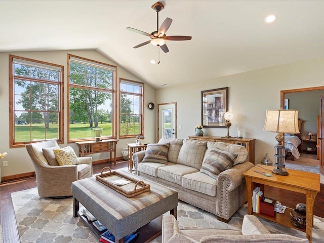 7496 Fairway Ln, Breezy Point, MN 56472 - living area with ceiling fan, vaulted ceiling, light wood-style flooring, and recessed lighting