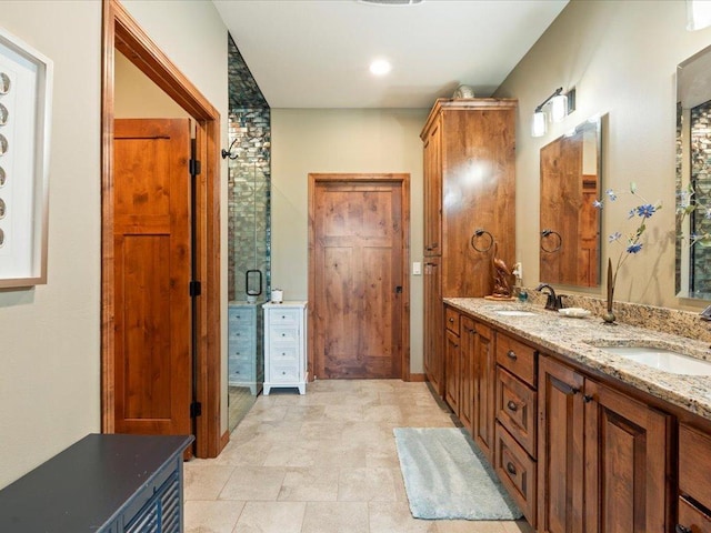 7496 Fairway Ln, Breezy Point, MN 56472 - bathroom with double vanity and a shower with shower door