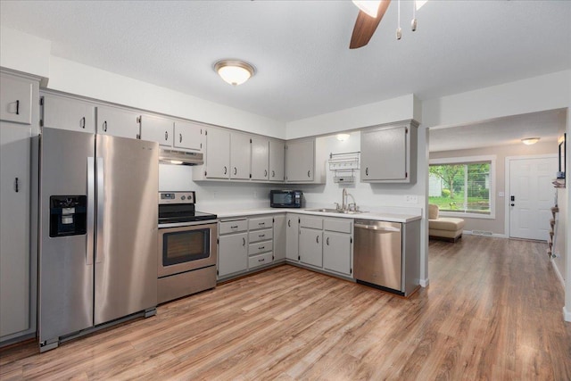 751 Sand Hill Pt, North Hudson, WI 54016 - kitchen with stainless steel appliances, gray cabinetry, under cabinet range hood, a sink, and light wood-type flooring