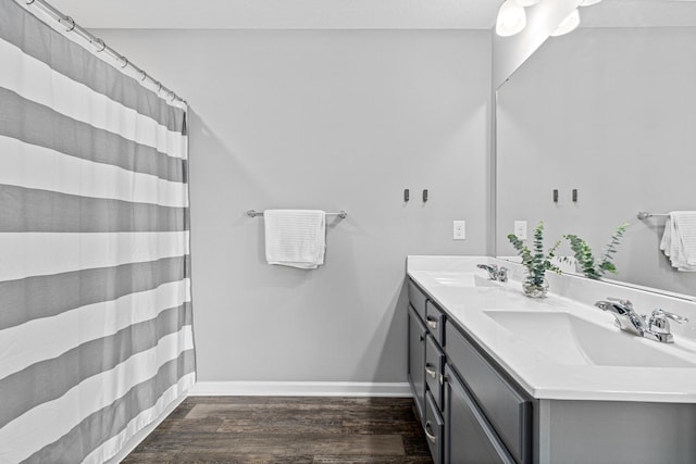 8756 Granite Ln, Woodbury, MN 55129 - full bath featuring double vanity, wood finished floors, and baseboards