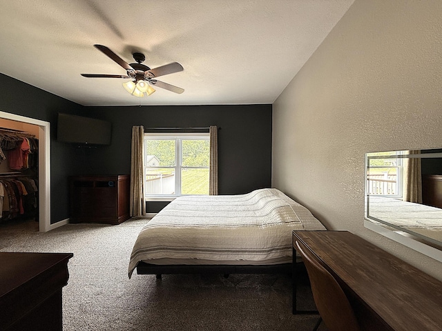2771 271st Ave, Madison, MN 56256 - bedroom featuring a textured wall, carpet floors, a spacious closet, a ceiling fan, and a closet