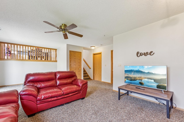 10344 Fox Run Rd, Woodbury, MN 55129 - living room with carpet flooring, ceiling fan, stairway, a textured ceiling, and baseboards
