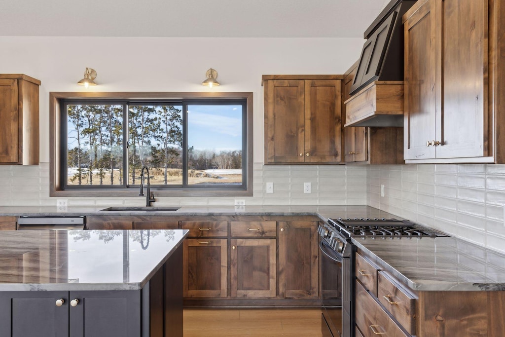 2687 128th Ave NW, Coon Rapids, MN 55448 - kitchen featuring stainless steel appliances, a sink, dark stone countertops, light wood-type flooring, and decorative backsplash