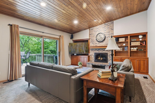 5921 Creek Pt, Minnetonka, MN 55345 - living room with recessed lighting, a brick fireplace, light colored carpet, wood ceiling, and baseboards