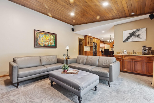 5921 Creek Pt, Minnetonka, MN 55345 - living room with light carpet, a chandelier, recessed lighting, and wood ceiling