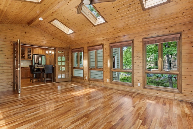 5921 Creek Pt, Minnetonka, MN 55345 - unfurnished living room with a skylight, wood walls, plenty of natural light, light wood finished floors, and wooden ceiling