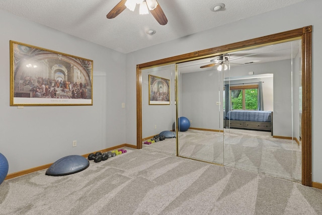 5921 Creek Pt, Minnetonka, MN 55345 - workout area with a ceiling fan, baseboards, carpet floors, and a textured ceiling