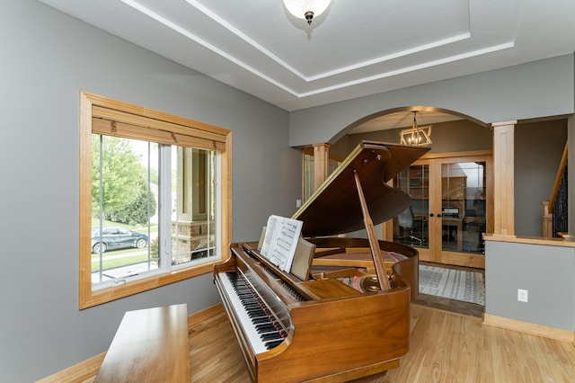 2292 Teakwood Ln SW, Rochester, MN 55902 - living area featuring decorative columns, arched walkways, wood finished floors, baseboards, and a raised ceiling