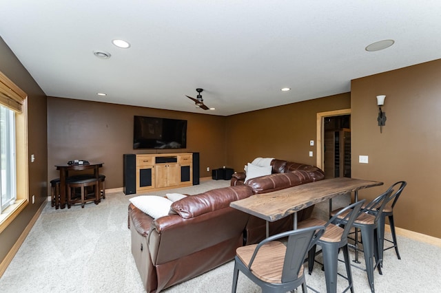 2292 Teakwood Ln SW, Rochester, MN 55902 - living room featuring light colored carpet, recessed lighting, baseboards, and ceiling fan