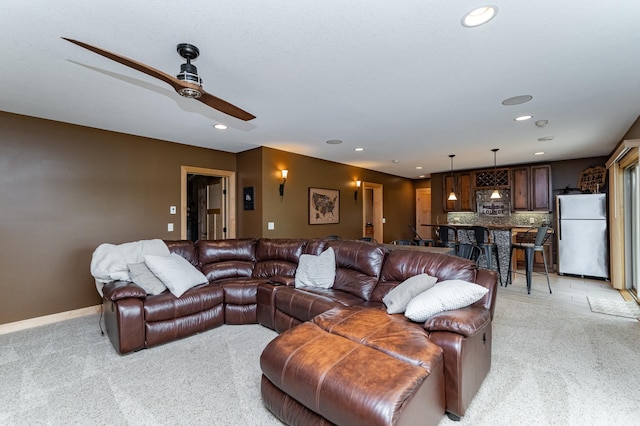 2292 Teakwood Ln SW, Rochester, MN 55902 - living room featuring ceiling fan, light carpet, and recessed lighting