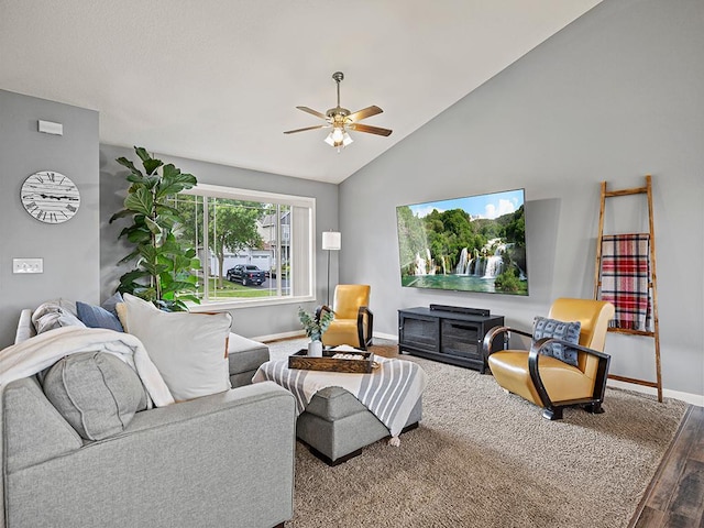 1308 Timber Ln, Buffalo, MN 55313 - living room featuring ceiling fan, wood finished floors, and vaulted ceiling