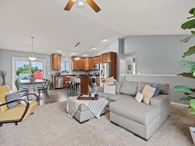 1308 Timber Ln, Buffalo, MN 55313 - living room featuring lofted ceiling and a ceiling fan