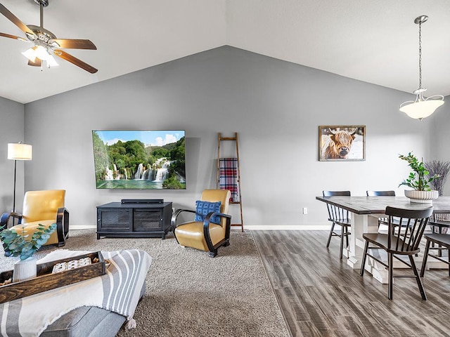 1308 Timber Ln, Buffalo, MN 55313 - living area with ceiling fan, dark wood finished floors, and high vaulted ceiling