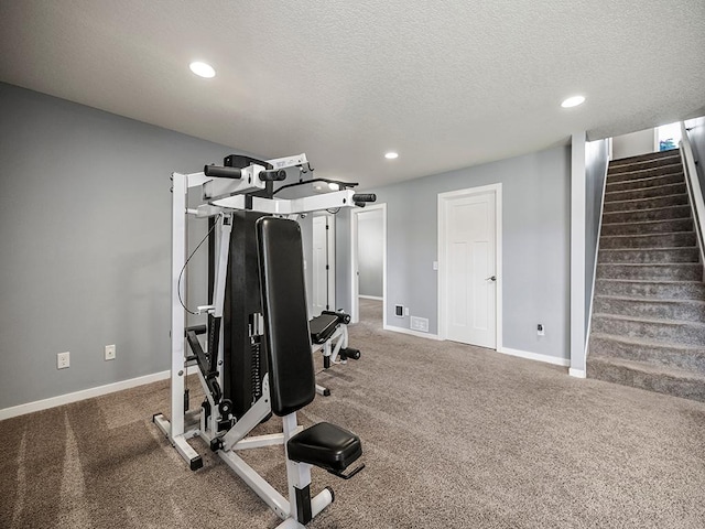 1308 Timber Ln, Buffalo, MN 55313 - workout room with a textured ceiling, recessed lighting, and carpet flooring