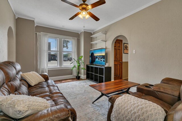 607 23rd Ave N, Saint Cloud, MN 56303 - living area with arched walkways, ceiling fan, wood finished floors, ornamental molding, and baseboards