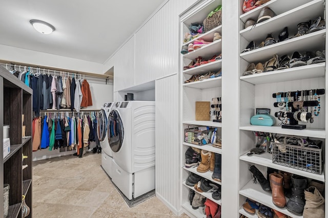 631 Bench St, Taylors Falls, MN 55084 - walk in closet featuring independent washer and dryer and stone finish flooring