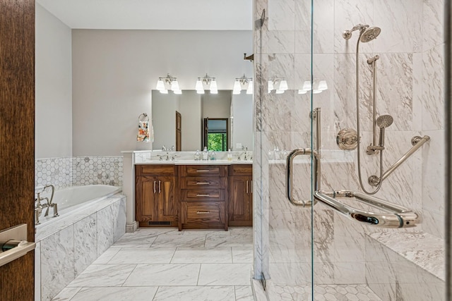 11883 Flanders Cir NE, Blaine, MN 55449 - bathroom with a bath, a marble finish shower, and double vanity