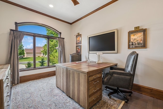 11883 Flanders Cir NE, Blaine, MN 55449 - office area with crown molding, wood finished floors, recessed lighting, and ceiling fan