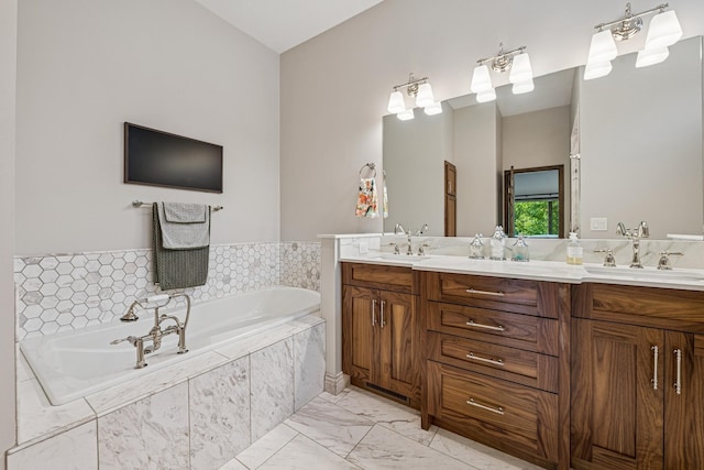 11883 Flanders Cir NE, Blaine, MN 55449 - full bath featuring double vanity, a bath, and marble look tiles