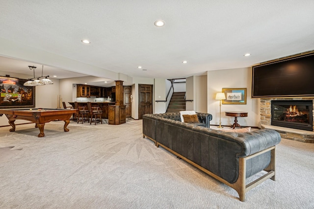 11883 Flanders Cir NE, Blaine, MN 55449 - living area with bar area, light carpet, stairs, recessed lighting, and pool table