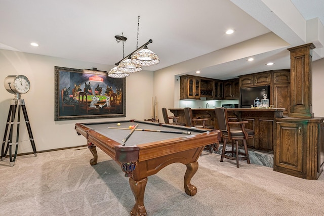 11883 Flanders Cir NE, Blaine, MN 55449 - recreation room featuring light carpet, bar with sink, recessed lighting, decorative columns, and pool table