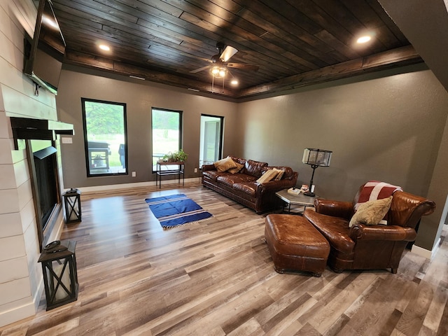 26575 US-71, Arago Twp, MN 56470 - living area featuring wood ceiling, light wood-style floors, a fireplace, a ceiling fan, and baseboards
