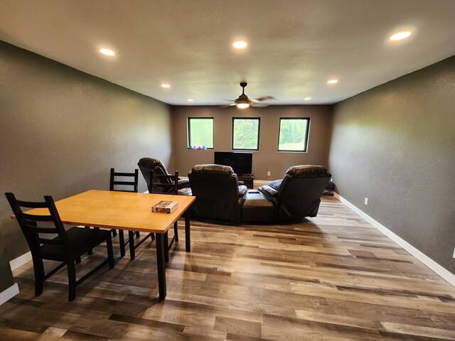 26575 US-71, Arago Twp, MN 56470 - office space featuring a textured wall, wood finished floors, recessed lighting, ceiling fan, and baseboards