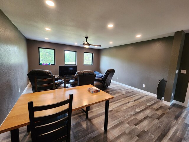 26575 US-71, Arago Twp, MN 56470 - office space with recessed lighting, wood finished floors, ceiling fan, baseboards, and a textured wall