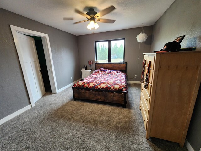 26575 US-71, Arago Twp, MN 56470 - carpeted bedroom featuring baseboards, ceiling fan, and a textured wall
