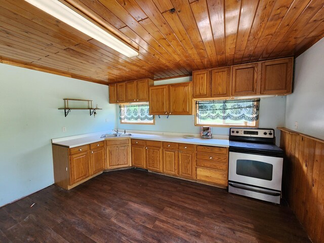 26575 US-71, Arago Twp, MN 56470 - kitchen featuring electric range, a sink, wood ceiling, light countertops, and dark wood-style floors