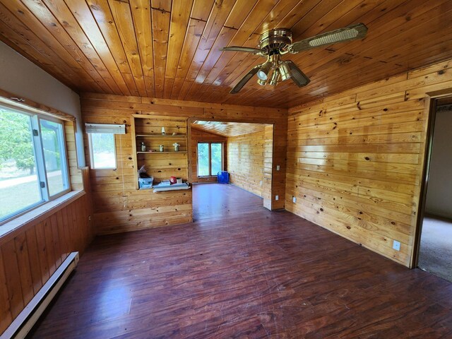 26575 US-71, Arago Twp, MN 56470 - unfurnished room featuring baseboard heating, wooden walls, wooden ceiling, ceiling fan, and dark wood-type flooring