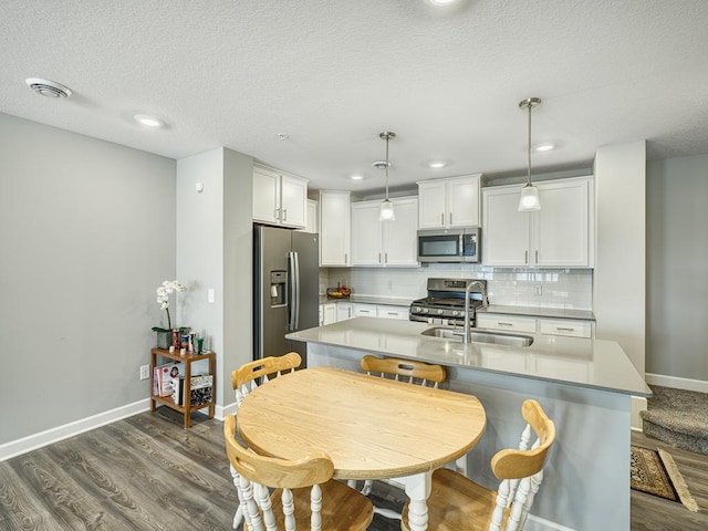 1211 Lower 143rd St E, Rosemount, MN 55068 - kitchen featuring stainless steel appliances, a sink, dark wood-style flooring, tasteful backsplash, and baseboards