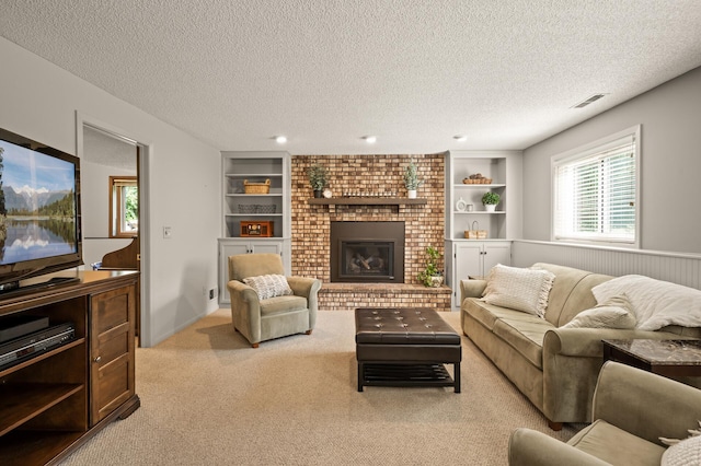 1902 Duck Pond Dr W, Saint Paul, MN 55118 - living room with carpet flooring, a brick fireplace, built in features, and a textured ceiling