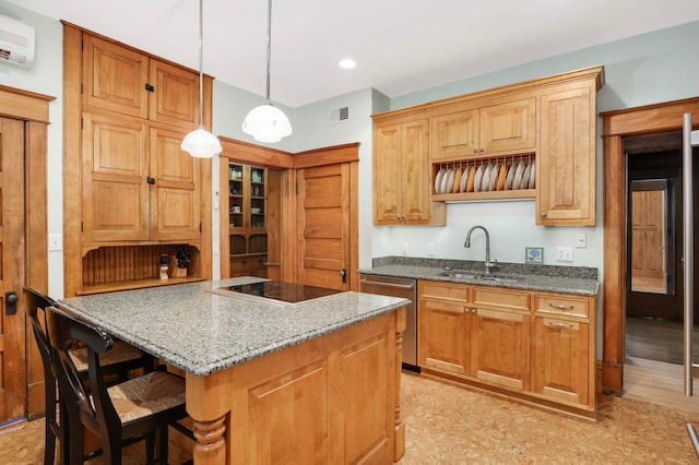 880 Fairmount Ave, Saint Paul, MN 55105 - kitchen featuring stainless steel dishwasher, black electric stovetop, a wall mounted AC, stone counters, and pendant lighting