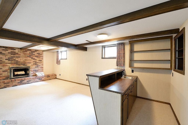 507 24th Ave S, Fargo, ND 58103 - bar with a fireplace, light carpet, and beamed ceiling