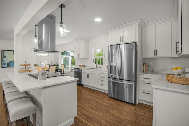 2307 Sherwood Cir, Bloomington, MN 55431 - kitchen with appliances with stainless steel finishes, island range hood, a sink, white cabinets, and recessed lighting